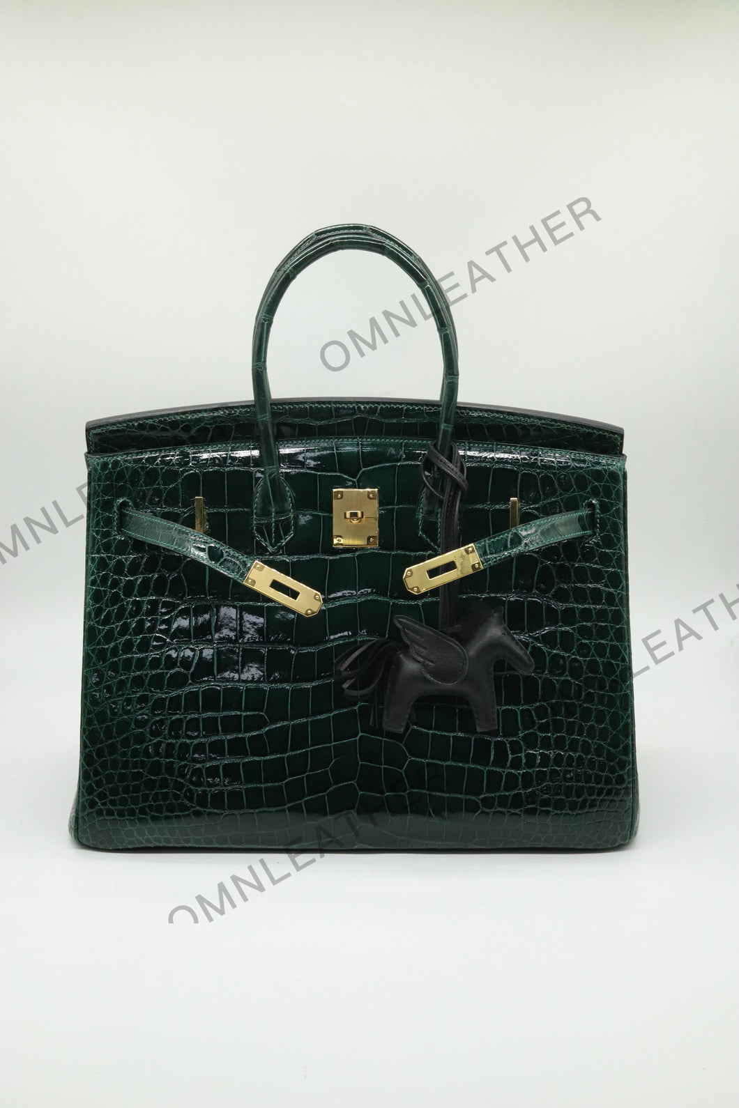 London 35 Birkin Style Saltwater Croc Leather Glossy Green Color Gold Hardware