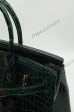 Load image into Gallery viewer, London 35 Birkin Style Saltwater Croc Leather Glossy Green Color Gold Hardware

