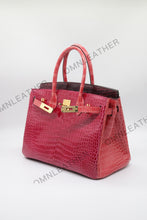 Load image into Gallery viewer, London 30 Birkin Style HCP Saltwater Croc Leather Glossy Fuschia Mix Color Gold Hardware
