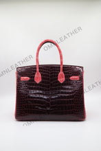 Load image into Gallery viewer, London 30 Birkin Style HCP Saltwater Croc Leather Glossy Fuschia Mix Color Gold Hardware

