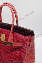 Load image into Gallery viewer, London 30 Birkin Style HCP Saltwater Croc Leather Glossy Fuschia Mix Color Gold Hardware
