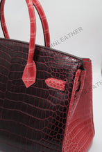 Load image into Gallery viewer, London 30 Birkin Style HCP Saltwater Croc Leather Glossy Fuschia Mix Color Gold Hardware

