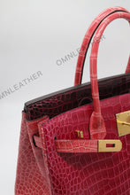 Load image into Gallery viewer, London 30 Birkin Style HCP Saltwater Croc Leather Glossy Fuschia Mix Color Gold Hardware
