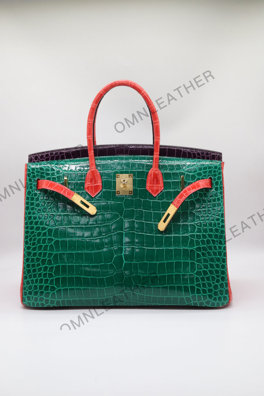 London 35 Birkin Style HCP Saltwater Croc Leather Glossy Green Mix Color Gold Hardware