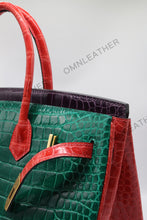 Load image into Gallery viewer, London 35 Birkin Style HCP Saltwater Croc Leather Glossy Green Mix Color Gold Hardware
