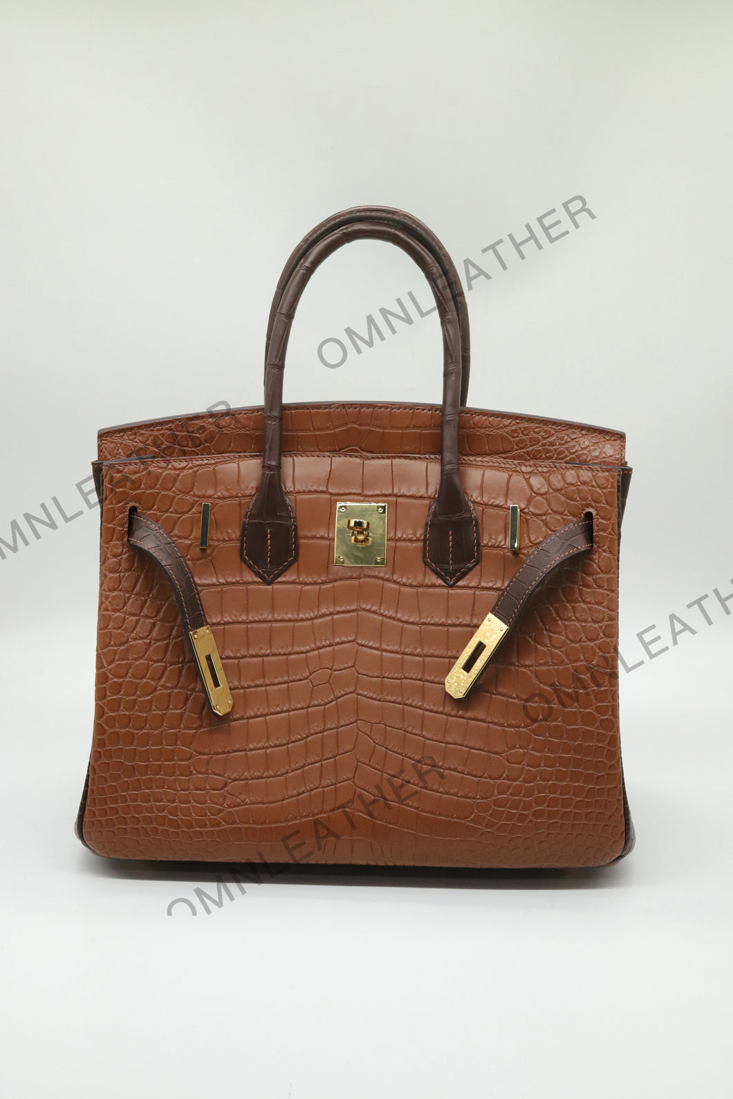 London 30 Birkin Style Saltwater Croc Leather Opaque Brown Ebony Mix Color Gold Hardware