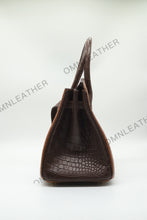 Load image into Gallery viewer, London 30 Birkin Style Saltwater Croc Leather Opaque Brown Ebony Mix Color Gold Hardware
