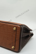 Load image into Gallery viewer, London 30 Birkin Style Saltwater Croc Leather Opaque Brown Ebony Mix Color Gold Hardware
