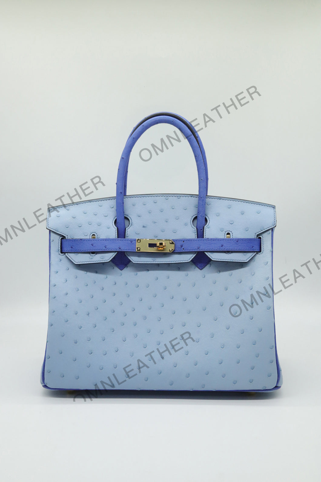 London 30 Birkin Style Ostrich Leather Light and Electrical Blue Mix Color Gold Hardware