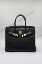 Load image into Gallery viewer, London 30 Birkin Style HCP Saltwater Croc Leather Opaque Black Color Gold Hardware
