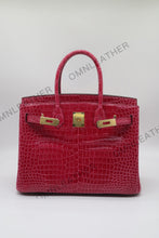 Load image into Gallery viewer, London 30 Birkin Style HCP Saltwater Croc Leather Glossy Fuschia Color Gold Hardware
