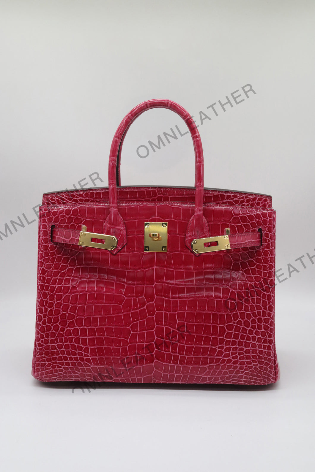 London 30 Birkin Style HCP Saltwater Croc Leather Glossy Fuschia Color Gold Hardware