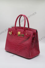Load image into Gallery viewer, London 30 Birkin Style HCP Saltwater Croc Leather Glossy Fuschia Color Gold Hardware
