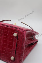 Load image into Gallery viewer, London 30 Birkin Style HCP Saltwater Croc Leather Glossy Fuschia Color Gold Hardware
