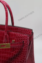 Load image into Gallery viewer, London 30 Birkin Style HCP Saltwater Croc Leather Glossy Fuschia Color Gold Hardware

