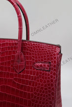Load image into Gallery viewer, London 30 Birkin Style HCP Saltwater Croc Leather Glossy Fuschia Color Gold Hardware
