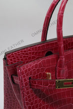 Load image into Gallery viewer, London 30 Birkin Style HCP Saltwater Croc Leather Glossy Fuschia Color Gold Hardware
