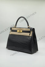 Load image into Gallery viewer, Verona 28 Kelly Style Glossy Saltwater Croc Leather Graphite Grey Color Gold Hardware
