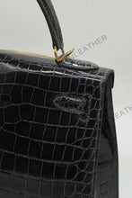 Load image into Gallery viewer, Verona 28 Kelly Style Glossy Saltwater Croc Leather Graphite Grey Color Gold Hardware
