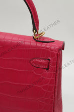 Load image into Gallery viewer, Verona 25 Kelly Style Opaque Saltwater Croc Leather Fuschia Color Gold Hardware
