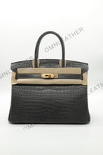 Load image into Gallery viewer, London 30 Birkin Style HCP Saltwater Croc Leather Opaque Graphite Color Gold Hardware
