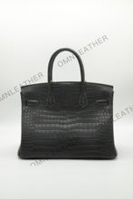 Load image into Gallery viewer, London 30 Birkin Style HCP Saltwater Croc Leather Opaque Graphite Color Gold Hardware
