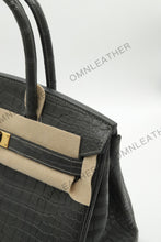 Load image into Gallery viewer, London 30 Birkin Style HCP Saltwater Croc Leather Opaque Graphite Color Gold Hardware
