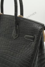 Load image into Gallery viewer, London 30 Birkin Style HCP Saltwater Croc Leather Opaque Graphite Color Gold Hardware
