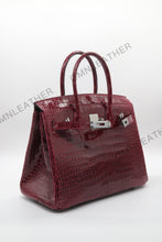 Load image into Gallery viewer, London 30 Birkin Style HCP Saltwater Croc Leather Glossy Burgundy Color Silver Hardware
