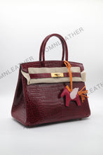 Load image into Gallery viewer, London 30 Birkin Style HCP Saltwater Croc Leather Glossy Burgundy Color Gold Hardware
