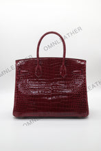 Load image into Gallery viewer, London 30 Birkin Style HCP Saltwater Croc Leather Glossy Burgundy Color Gold Hardware

