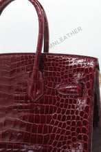 Load image into Gallery viewer, London 30 Birkin Style HCP Saltwater Croc Leather Glossy Burgundy Color Gold Hardware
