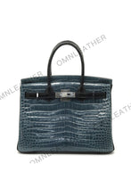 Load image into Gallery viewer, London 30 Birkin Style HCP Saltwater Croc Leather Glossy Storm Blue Mix Color Silver Hardware
