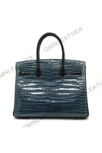 Load image into Gallery viewer, London 30 Birkin Style HCP Saltwater Croc Leather Glossy Storm Blue Mix Color Silver Hardware
