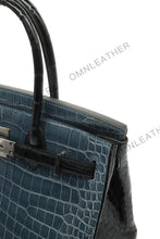 Load image into Gallery viewer, London 30 Birkin Style HCP Saltwater Croc Leather Glossy Storm Blue Mix Color Silver Hardware
