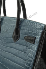 Load image into Gallery viewer, London 30 Birkin Style HCP Saltwater Croc Leather Glossy Storm Blue Mix Color Silver Hardware
